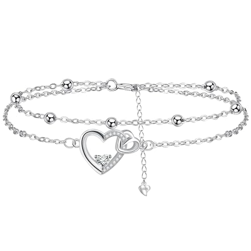 Micory Bracelet Coeur Femme en Argent Sterling 925 Double Chaîne avec Chaîne Perles avec Zirconium pour Cadeaux Originaux Femmes - avec Boîte Cadeau