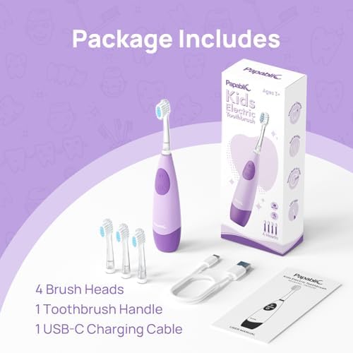 Papablic Kids Electric Toothbrush for Ages 4+ Children Girls and Boys, USB Rechargeable with Smart Brushing Timer, LED Light & 4 Replacement Brush Heads, Purple — view 8