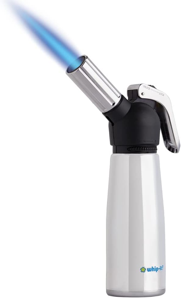 Motif Torch, Black & Silver Chrome. Butane Torch Lighter, Refillable Cooking Torch with Adjustable Flame, Safety Lock for Soldering, Kitchen, Welding