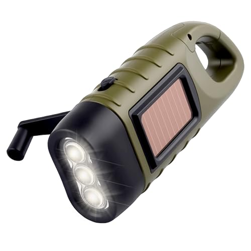 Dozylive Lampe Torche Solaire, Lampe de Poche LED d’Urgence avec Mousqueton, Lampe Dynamo Manivelle Portable pour Plein Air Camping Pannes de Courant Cyclisme Équipement d'urgence Vert
