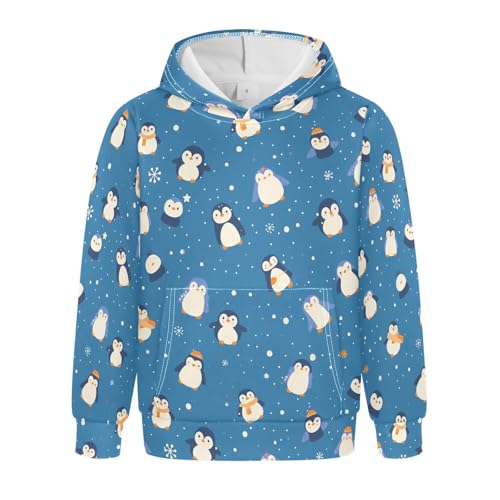 Seamless Pattern Penguins Cobalt Unisex Kids Sweatshirts Sweater Crewneck Pullover Hoodies with Kangaroo Pocket