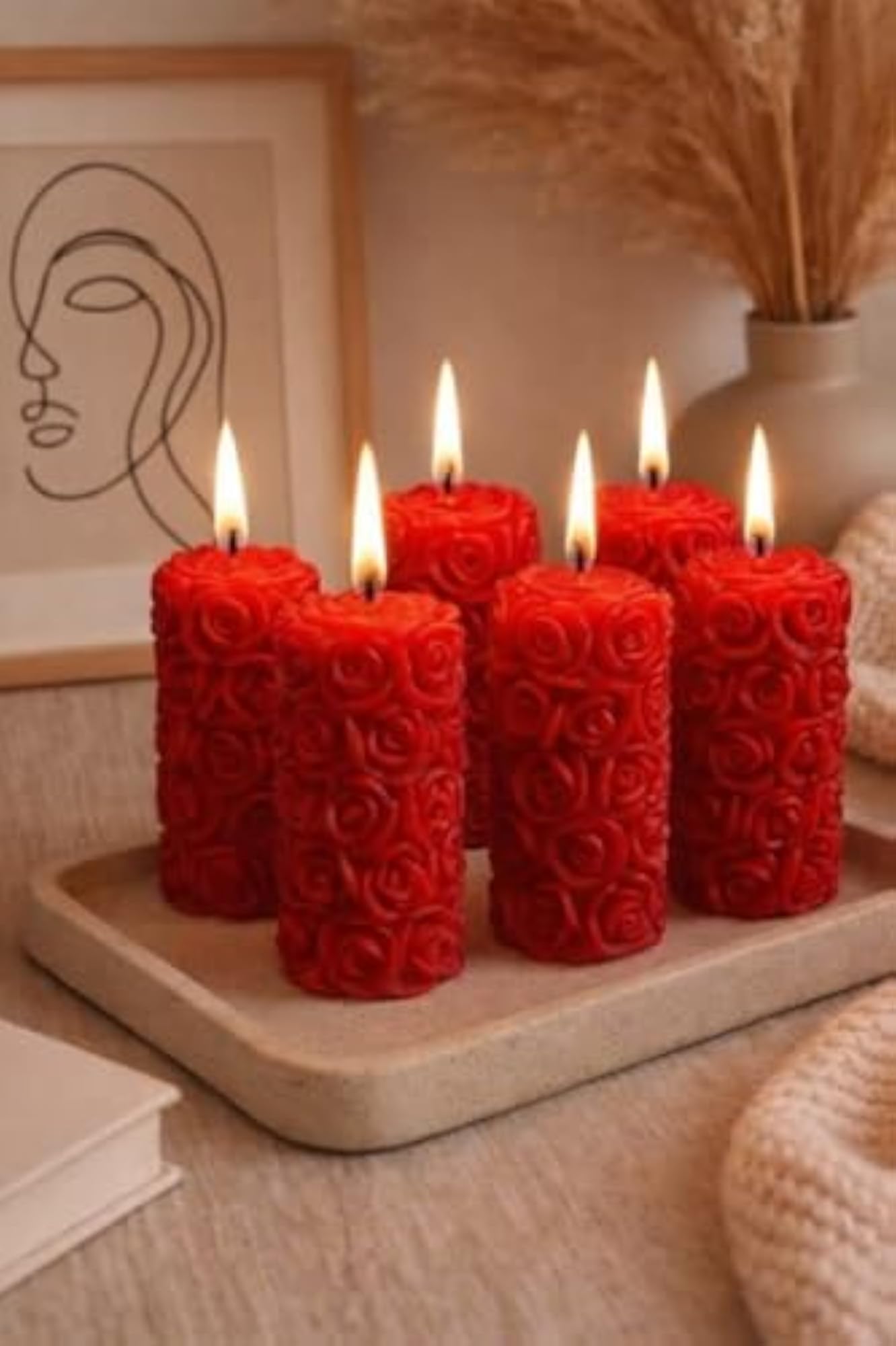 Rose Pattern Pillar Scented Candle, Pack of 6 for Home Decor