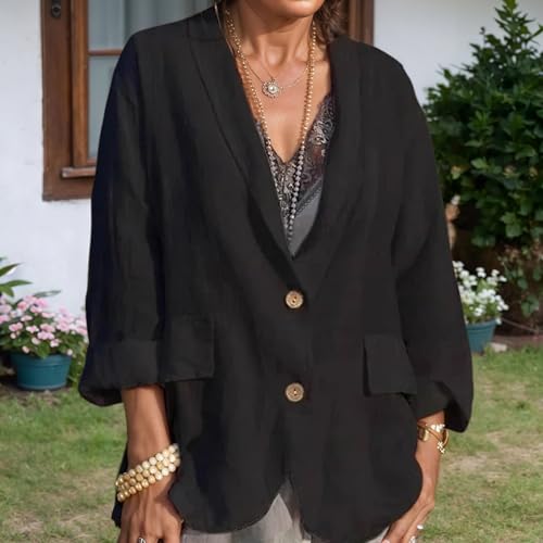 Women's Cotton Linen Blazer Jackets 3/4 Sleeve Casual Lightweight Notch Lapel Button Blazers2