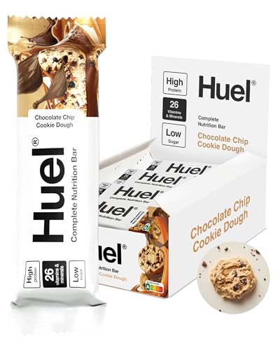 Huel Complete Nutrition Bar, 12 x 55g Bars, Chocolate Chip Cookie Dough, High Protein Bar, Plant-Based Protein Bars, Low Sugar, High Fibre, High Protein Snack with Vegan Chocolate, Under 200 Calories