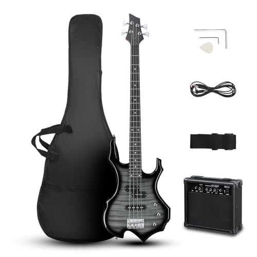 Ktaxon Electric Bass Guitar Full Size Flame Design Bass Set with 20 Watt Amplifier Portable Bass Bag Superior Amp Wire Adjustable Guitar Strap Plectrum Wrench Tool(Tiger Stripes)
