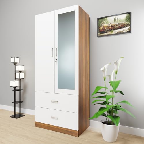 Image of VIKI Wardrobe | Wooden Almirah for Clothes,Door for Bedroom, 2 Door Wardrobe with Drawer, Mirror & Hanging Space (Walnut & White - 40D x 80W x 180H) | 1 Year Warranty | Free Assembly
