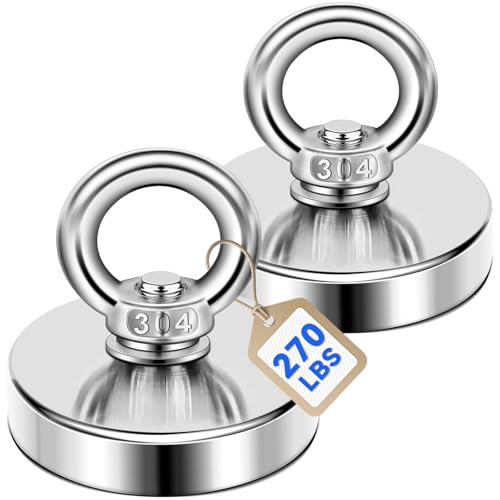 DIYMAG 2Pack 270 lbs(123 KG) Pulling Force Powerful Fishing Magnets,with Countersunk Hole Eyebolt, Diameter 1.88 inch(48 mm), for Retrieving in River and Magnetic Fishing