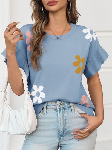 Saodimallsu Womens Summer Ruffle Short Sleeve Sweater Tops Cute Floral Knit Creweck Casual Lightweight Sweaters3