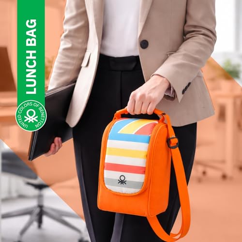 Image of United Colors of Benetton Lunch Bag for Women & Men, Insulated Bag, Tiffin Lunch Bag for Office /College /School, Bottle Holder, Lightweight, Durable Handles, Fits 3 Containers (Orange)