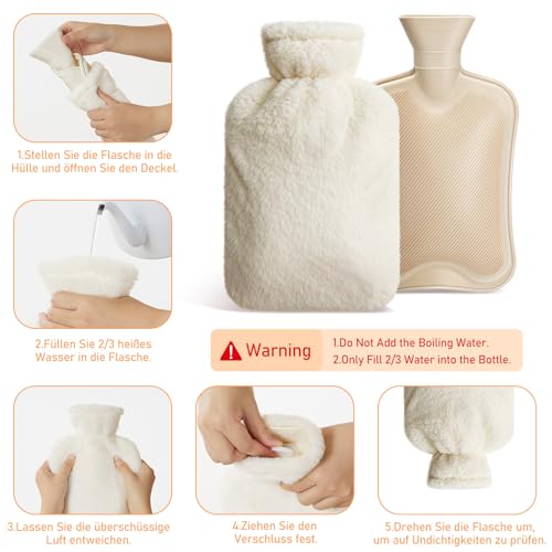 Wärmflasche mit Weichem Bezug | Auslaufsicher 2L Hot Water Bottle Wärmeflasche | Naturkautschuk + Bettflasche Flauschig | Geschenke für Männer Frauen