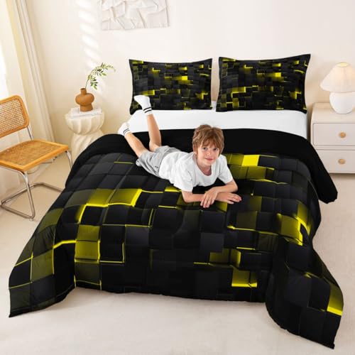 Image of Erosebridal Black Yellow Comforter Set Full Neon Geometric Checkered Bedding Set for Kids Adults Abstract Stereoscopic Grids Quilt Square Plaid Bed Set 3 Pcs Gamer Room Decor