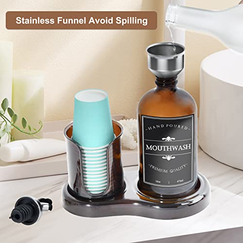 Amber Glass Mouthwash Dispenser With Cup Holder For Bathroom, 16Oz Refillable Mouthwash Bottles Container With Tray, Funnel And 2 Waterproof Labels #TOP1