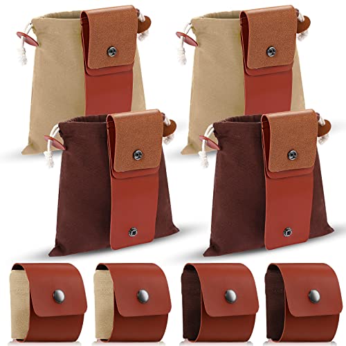 Foraging Bag 4 Pieces Leather Canvas Pouch Collapsible Bushcraft Bag Storage Canvas Bag Outdoor Camping Leather Belt Pouch for Travel Hiking Camping Hunting Beach Combing (Brown, Beige)