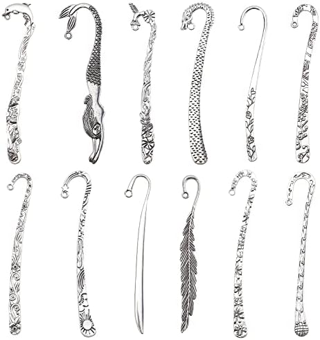 SUNNYCLUE 12Pcs 12 Styles Hook Bookmarks Findings Metal Bookmark Hairpin Stripe Hook Vintage Bookmark Clip for Crafting Jewelry Making Charms Findings Accessories, Silver
