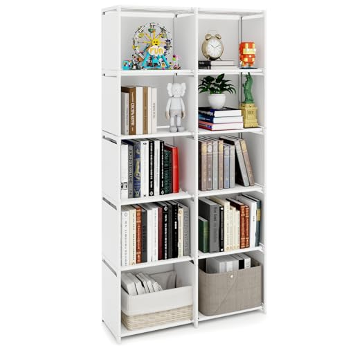 Youyijia Book Shelf, 5-Tiers Bookcase with Fabric Cloth at Back, 10 Cube Storage Unit, Double Row Modular Bookshelf Organiser, Living Room, Bedroom, White