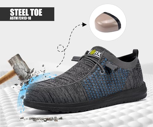 Image of LARNMERN Slip On Steel Toe Shoes Men Lightweight Comfortable Lounging Walking Sneakers Safety Work Steel Toe Loafers(9 Men, Dark Gray /Blue)