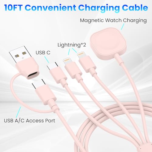 Image of 6in1 Multi Charging Cable 10FT, Magnetic Charger for Apple Watch Ultra /SE /9 /8 /7 /6 /5 /4 /3 /2 /1, Multiple Charger Cord for iPhone 15 /14 /13 /12 /11 /Galaxy /Pixel, Pink USB A /C Universal Travel Charger