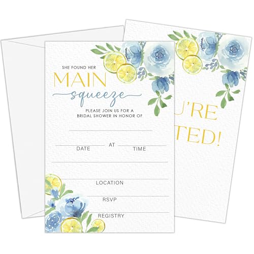 GOLRMC Main Squeeze Bridal Shower Invitations, Lemon Bridal Shower Invites, Blue Floral Citrus Invitations with Envelopes, Wedding Party Decorations-A10