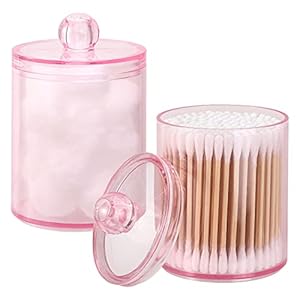 Tbestmax 2 Pack Qtip Holder Bathroom Jars Canisters for Cotton Ball Swab Pad Storage Dispenzer, Pink 10-Ounce
