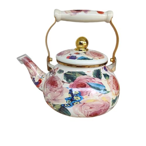 Deronderカラフルな花柄がプリントされた2.5Lのホーローティーポット。大容量、広口、軽量設計。ガスコンロにもIHクッキングヒーターにも最適です。ご家庭でのご使用に最適です。 (青々とした枝と葉)