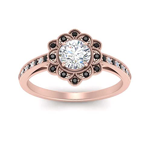Image of 55Carat Choose Your Gemstone Milgrain Floral Halo Diamond CZ Ring Rose Gold Plated Round Shape Halo Engagement Rings Everyday Jewelry Wedding Jewelry Handmade Gifts for Wife US Size 4 to 12