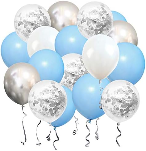 Blue White Silver Confetti Balloons, 50pcs 12 Inches Latex Party Balloons Helium Balloons for Birthday Bridal Shower Graduation Wedding Decorations