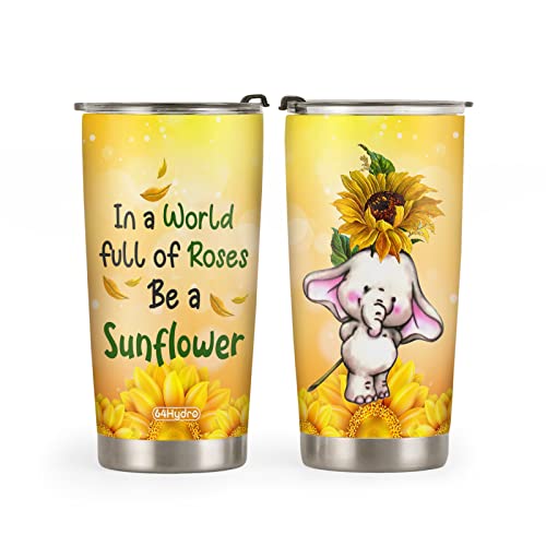 64HYDRO 20oz Elephant Gifts for Women, Men, Valentines Day Gifts for Her, Him, Coffee Thermos for Women Couples Gifts Animal Lovers Sunflower Elephant Tumbler Cup, Insulated Travel Coffee Mug with Lid