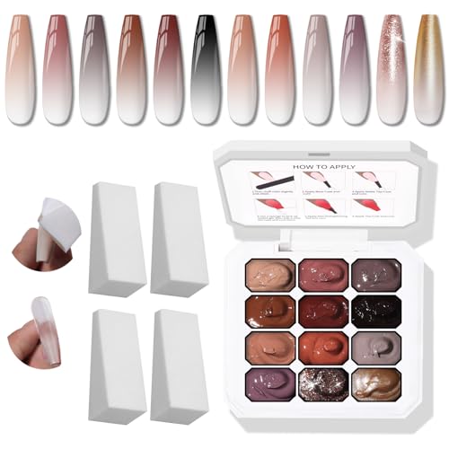 Karroy Sponge Pat Gel Nail Polish Palette, 12 Colors Blending Ombre Gel Polish Gradient Painting Nails Art, No Wipe, UV/LED Cured (12 Colors D)