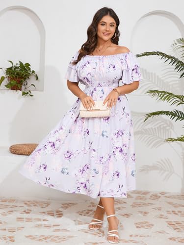 Image of Plus Size Maxi Dress Off The Shoulder Ruffle Smocked Wedding Guest Cocktail Slit Hem Flowy Dresses for Curvy Women