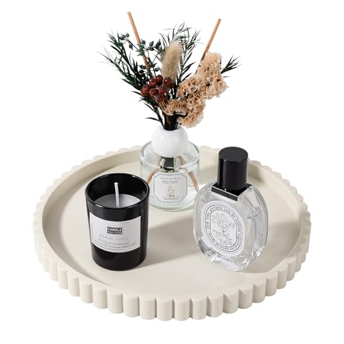 Round Bathroom Tray Silicone Kitchen Counter Decor Vanity Organizer Decorative Coffee Table Tray for Perfume Candle Soap Dish 9 Inch Beige