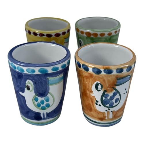 Set of 4 Hand-Painted Italian Ceramic Limoncello Glasses – 1.25 oz – Made in Italy – Colorful Chicken Design – Traditional Shot Glasses for Limoncello, Grappa, or Espresso