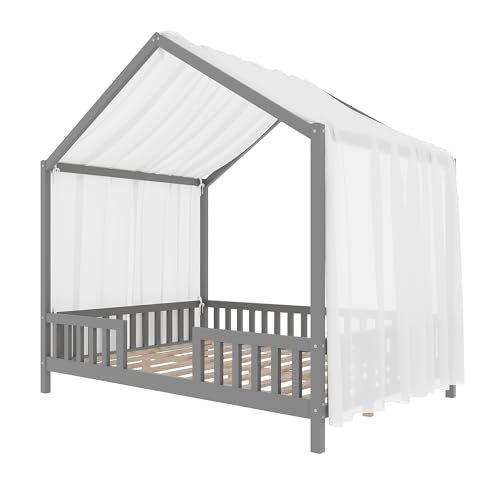 Image of Full Size Wood House-Shape Platform Bed with Roof Frame and Canopy, Montessori Floor Bed with High Railings and Slat Support for Kids Girls Boys, No Box Spring Needed (Grey-05, Full)