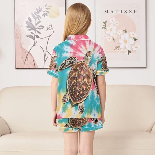 ALAZA Lovely Sea Turtle Tie Dye Satin Pajamas Set Short Sleeve Button Down Sleepwear Summer Pjs 2 Piece4