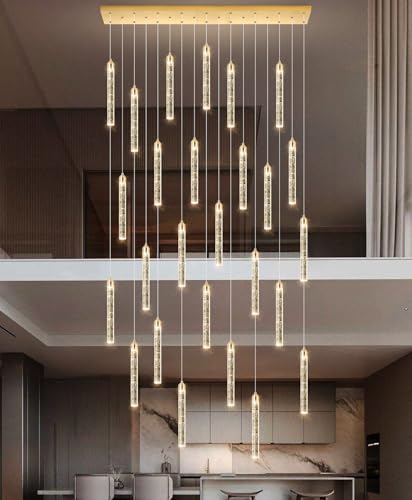 Image of Rectangular Chandeliers 26-Lights Long Light for Entryway LED Dimmable Chandeliers Lighting Fixture Flat Sloped High Ceiling Pendant Lights Crystal for Living Room Foyer Hallway Staircase Gold
