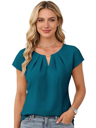 Women's Dressy Business Casual Blouses Work Short Sleeve Tops Cute Pleated V Neck Summer Shirts Trendy Outfits 2026 TealL
