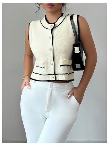 GORGLITTER Women's Button Up Cardigan Cropped Sleeveless Sweater Vest Business Casual Knit Tops Tank4