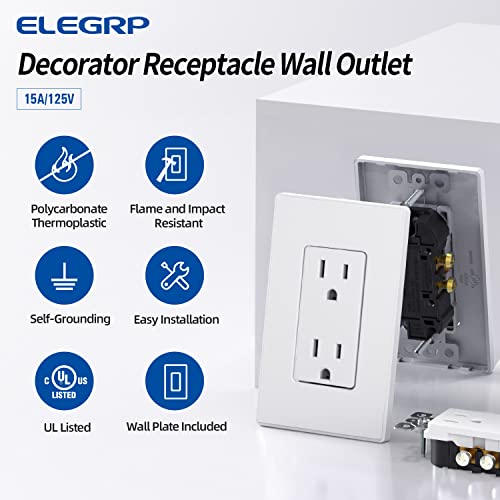 ELEGRP Matte White Standard Decorator Electrical Wall Receptacle Outlet, 15A 125V, 2 Pole 3 Wire, Non-Tamper Resistant, NEMA 5-15R, Self-Grounding, Wall Plate Included, UL Listed, 10 Pack by ELEGRP - Image 3