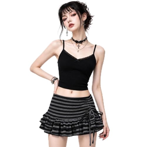 KIXELLE Womens Y2K Alt Mini Skirt Striped Low Rise Ruffle Skirt Lace-Up Grunge Aesthetic Skirt for Alt Fashion Black