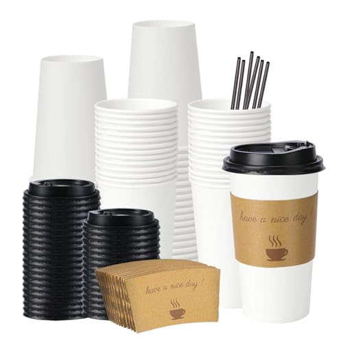 BYSNOW 20 oz 50 pack Disposable Paper Coffee Cups Paper To Go Cups with Lids Sleeves and Stirring Sticks Hot Paper Cups for Home Office and Party (White 20oz)
