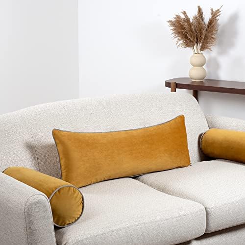 RHOOM Rectangle Velvet Cushion Cover, Blush Pink with Light Grey Piping - Bolster Scatter Throw Pillow for Sofa (30cm x 50cm, 12" x 20")