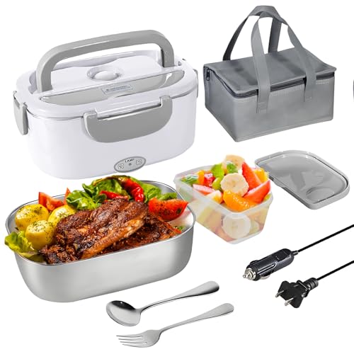 4 en 1 - Fiambrera eléctrica portátil, fiambrera de acero inoxidable, fiambrera eléctrica para coche, camión y oficina, 1,5 l, compartimentos, tenedor, cuchara y bolsa para el transporte (gris)