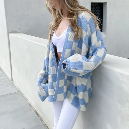 Image of Womens Checkered Cardigan Sweater Loose Long Sleeve Open Front Sweater Knit Coat Casual Oversized Plaid Cardigan Tops