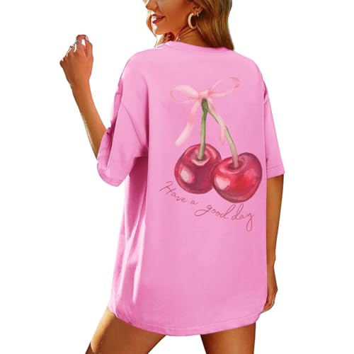 BINTEHGS Oversized Graphic Tees for Women Trendy Cherry Printed Shirt Cute Summer Aesthetic Cotton Tshirts Tops for Teens