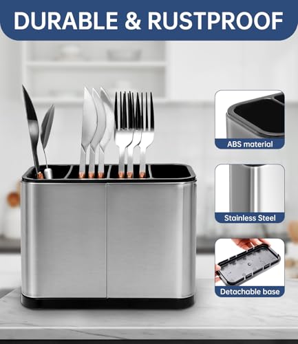 Portaposate Scolaposate, Porta Utensili Multifunzionale da Cucina, Organizzatore di posate in acciaio inox con 4 Scomparti e Scarichi per Riporre Bacchette, Forchette, Coltelli, Cucchiai, Ecc - immagine 6