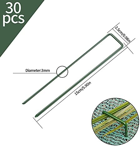 30 Pcs U-Shaped Garden Pegs, Garden Securing Pegs Stakes, Artificial Grass Pegs Pins, Green Metal Grass Pegs for Weed, Fabric, Matting, Artifical Grass, Tent, Netting - 6''/150mm