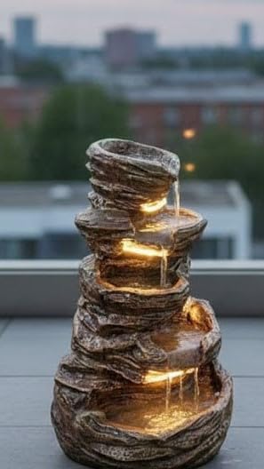 Image of 5 Steps 3.3feet Big Stone Fiber Brown Water Fountain with LED Lights & Water Pump for Home, Garden & Office Decor