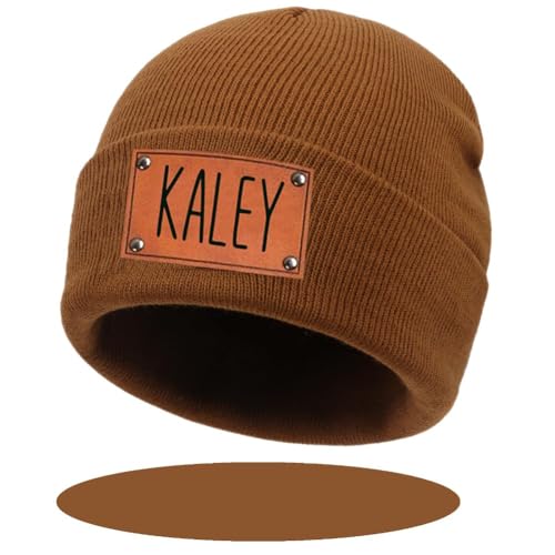 Personalized Baby Beanie with Name, Custom Leather Patch Toddler Winter Hat Baby Boys Girls Knit Warm Beanies Kids