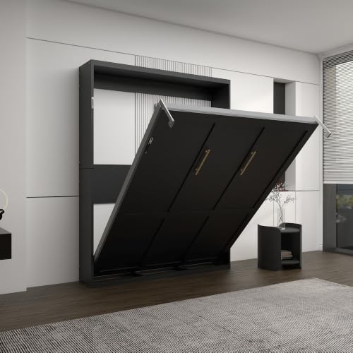Image of KEIKI Queen Size Vertical Cabinet Murphy Bed with Solid Slats, Black | Multifunctional Foldable Hideaway Wall Metal Bed Frame, No Box Spring Needed, Easy Assembly, for Bedroom, Guest Room