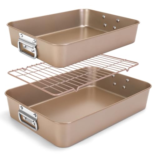 Roasting Pans with Handles, Bakeware Nonstick Steel Roaster with Flat Rack, Lasagna Pan 3 Inch Deep Baking Pan for Oven, Rectangle Cake Pans, Heavy Duty, Dishwasher Safe, 2 Pcs 13.7″16″, Gold