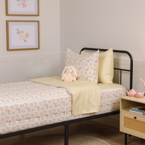 Image of Beddy's Flower and Gingham Durable Zipper Bedding for Kids - Bed in a Bag - Yellow Gingham Sheets with Floral Comforter - Includes Pillowcase & Sham - Easy to Make & Wash - Toddler